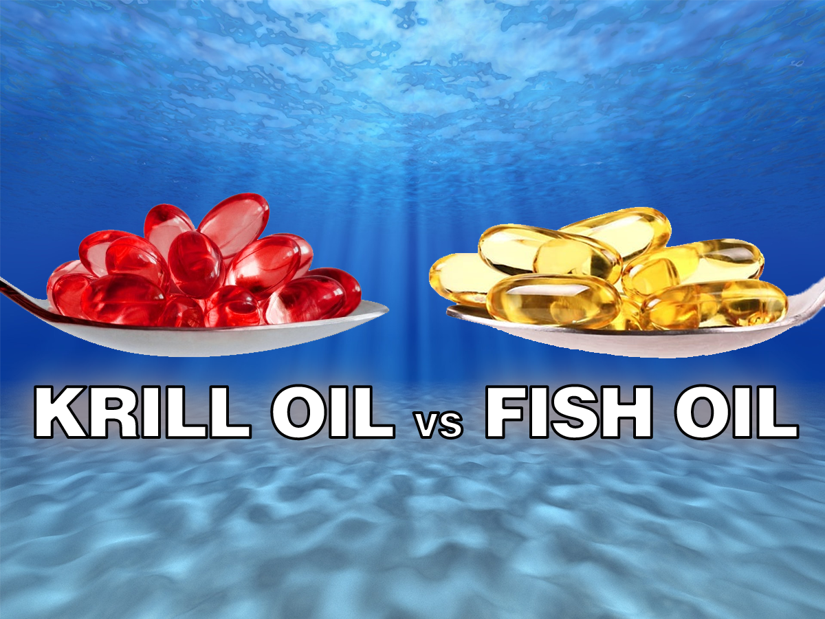 Comparison of red krill oil softgels and golden fish oil softgels on spoons