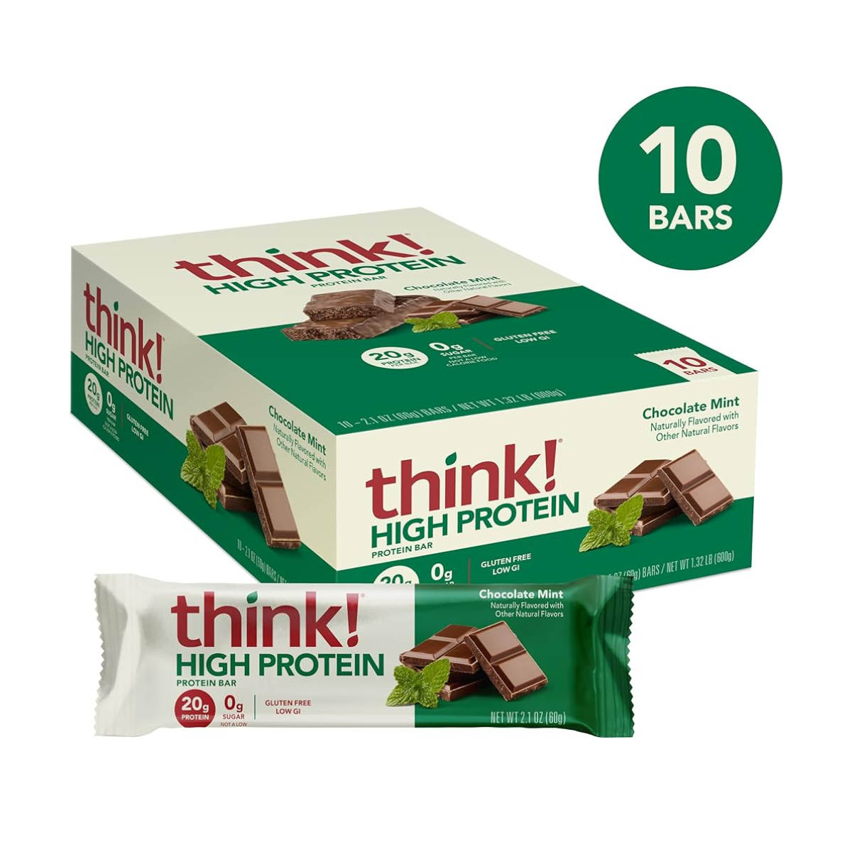 Think!, High Protein Bars, Brownie Crunch, 10 Bars, 2.1 oz Each