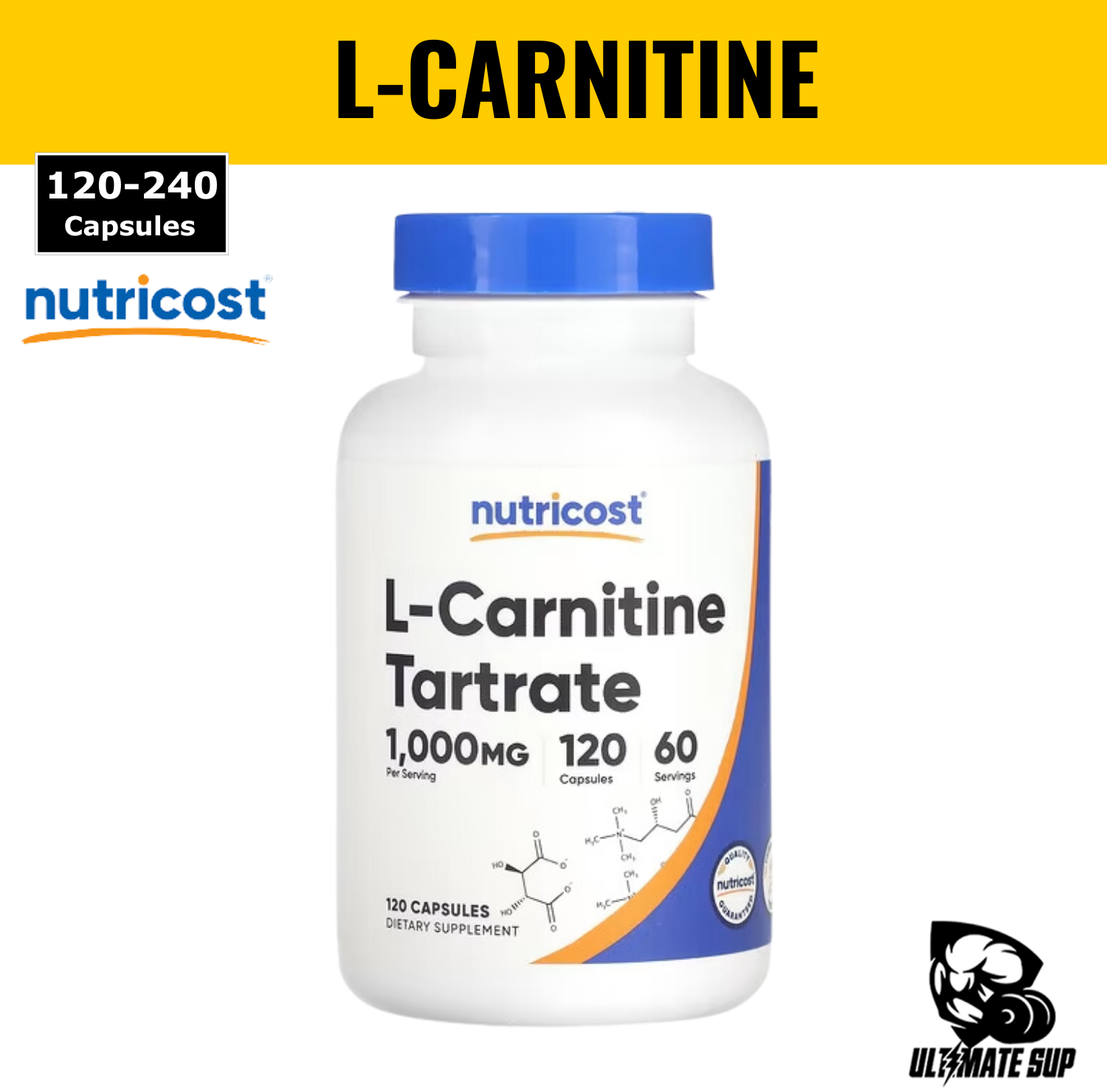 Nutricost, L-Carnitine Tartrate, Fat Burner, Boost Energy & Recovery, 120  -240 Caps – Ultimate Sup