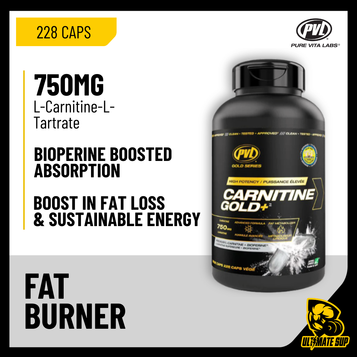 PVL, Carnitine Gold+ L-Carnitine Fat Burning, 228 Caps Ultimate Sup PVL, Carnitine Gold+ L-Carnitine Fat Burning, 228 Caps Ultimate Sup