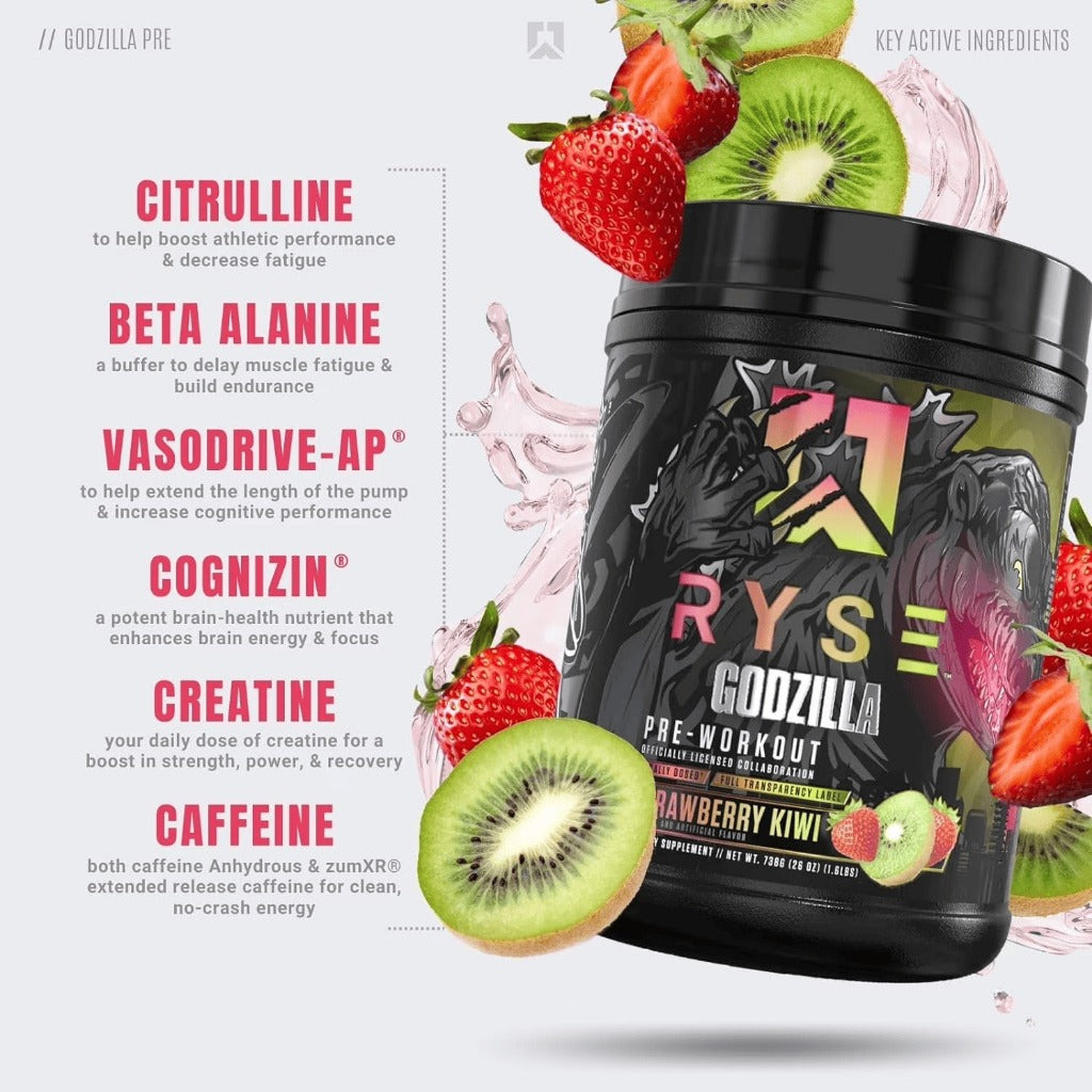 RYSE Godzilla Pre-Workout V3, Massive Pump & Explosive Power, Extreme Energy & Strength, 20-40sers