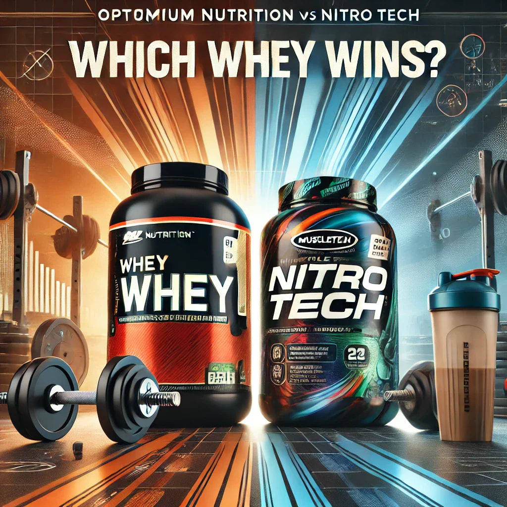 Featured image comparing Optimum Nutrition Whey Protein and Muscletech Nitro Tech, showcasing two supplement containers with gym equipment in the background, emphasizing fitness and performance