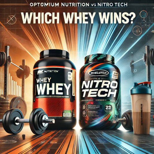Featured image comparing Optimum Nutrition Whey Protein and Muscletech Nitro Tech, showcasing two supplement containers with gym equipment in the background, emphasizing fitness and performance