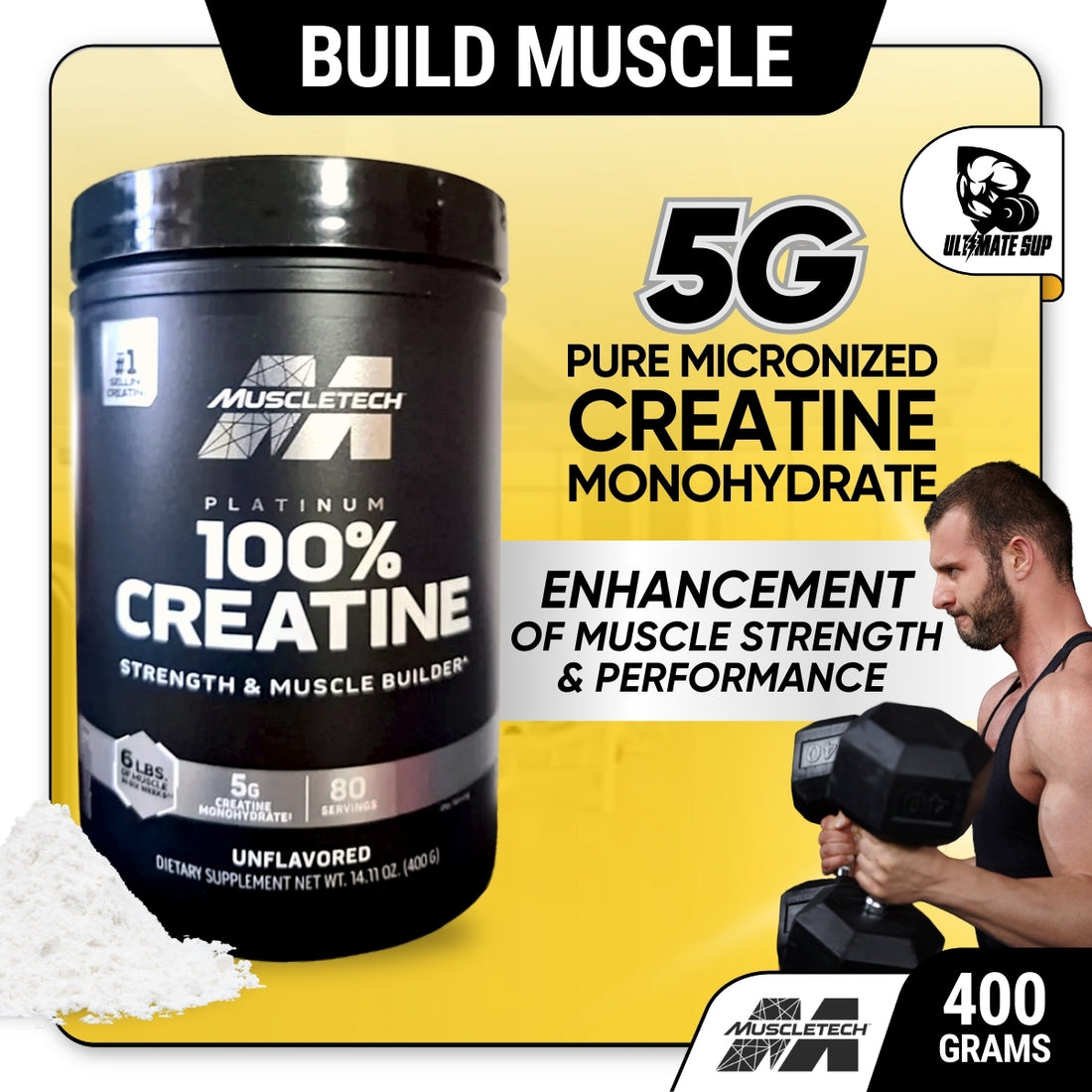 Muscletech, Essential Series, Platinum 100% Creatine, 400g, Unflavored - Ultimate Sup Singapore