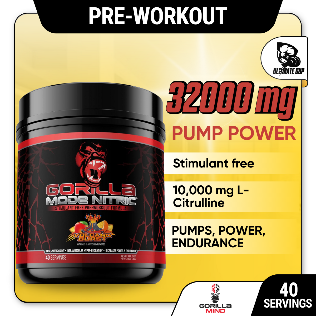Gorilla Mind, Gorilla Mode Nitric Upgraded Stimulant Free Pre-Workout, Massive Pumps 40 servings - Ultimate Sup Singapore