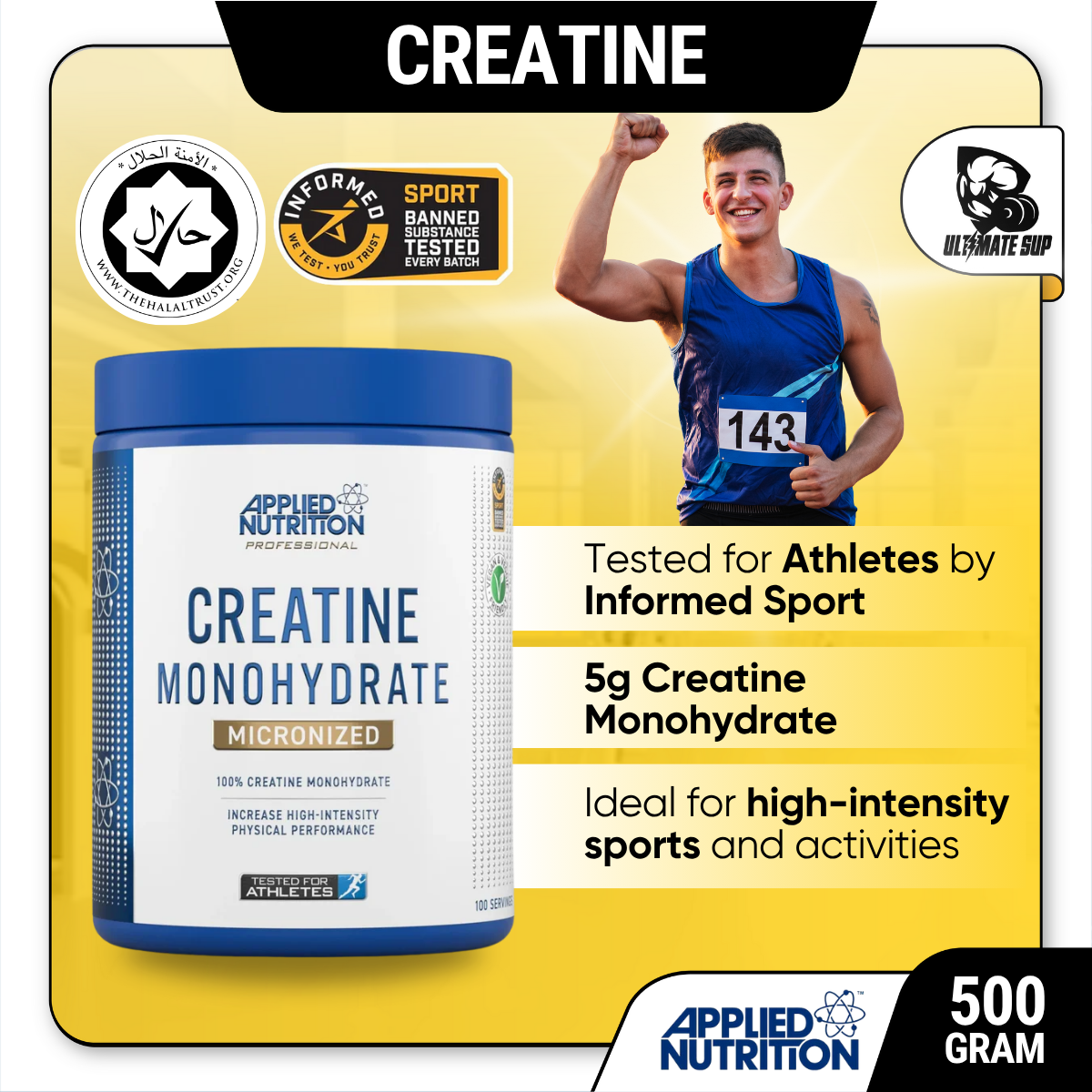 Applied Nutrition, Creatine Monohydrate Micronized Powder, Increases High-Intensity Physical Performance, 250-500g - Ultimate Sup Singapore