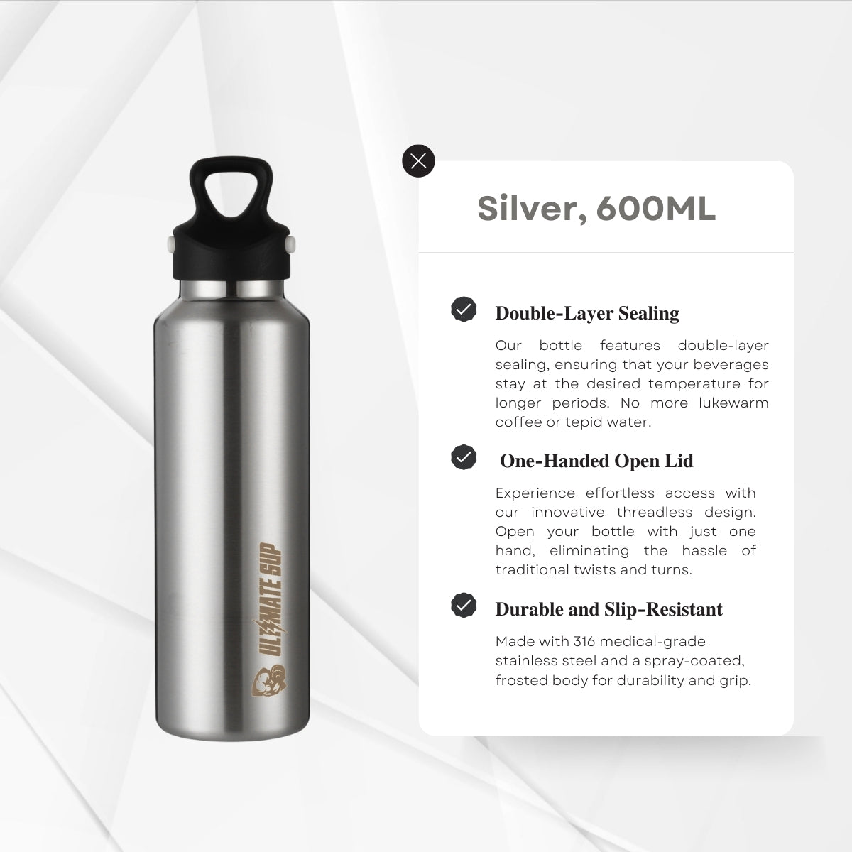 Frost Vial, 600ml, Thermal Flask Insulated Stainless Steel Water Bottle, Double Layer, Threadless Lid - Ultimate Sup - Ultimate Sup Singapore