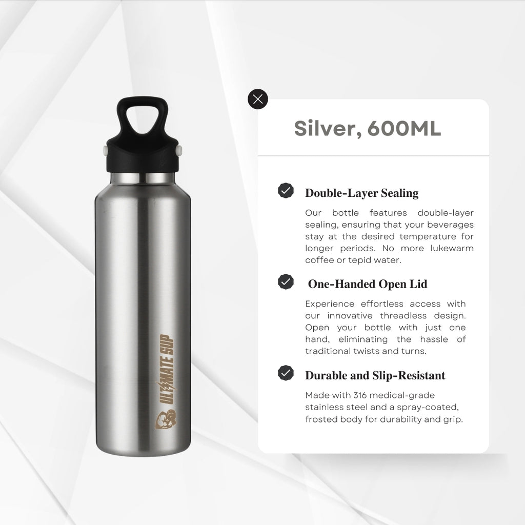 Frost Vial, 600ml, Thermal Flask Insulated Stainless Steel Water Bottle, Double Layer, Threadless Lid - Ultimate Sup