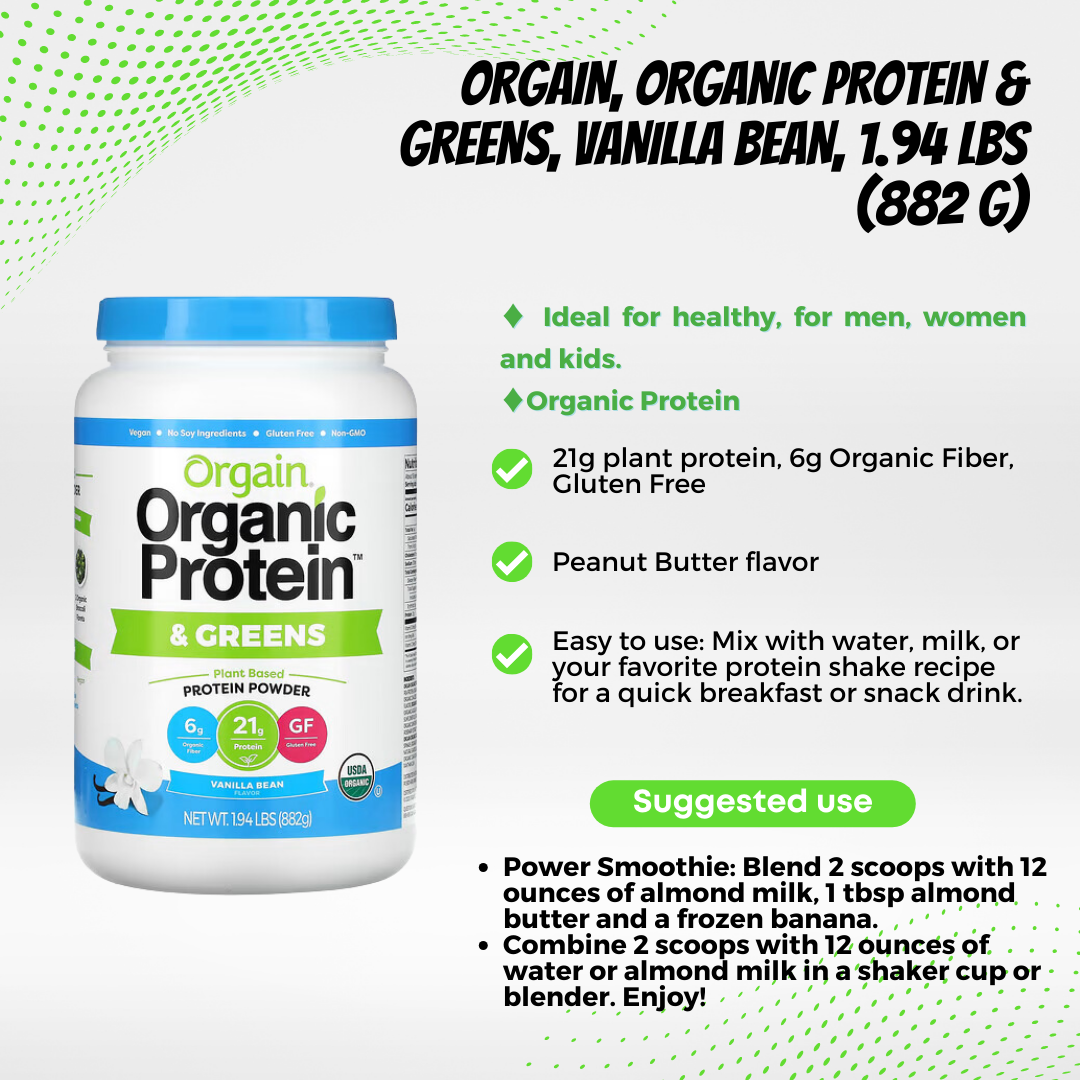 Orgain Organic Plant Based Protein Powder, Vanilla Bean - Vegan, Low Net Carbs, Non Dairy, Gluten Free, Lactose Free, No Sugar Added, Soy Free, Kosher, Non-GMO, 1.02 - 2.03lbs, 10-20 servings - Ultimate Sup Singapore