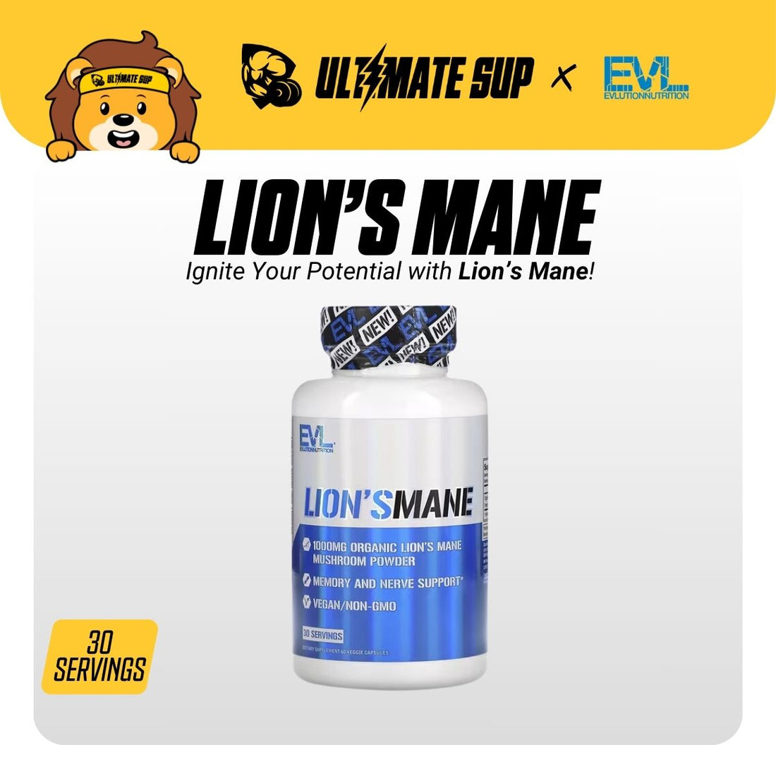 EVLution Nutrition, Lion's Mane, 60 Veggie Capsules - Ultimate Sup Singapore