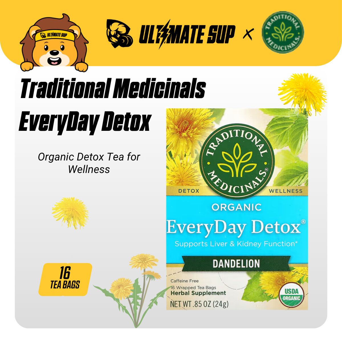 Traditional Medicinals, Organic EveryDay Detox, Dandelion, Supports Liver & Kidney Function, Caffeine Free, 16 Wrapped Tea Bags, 0.85 (24 g) - Ultimate Sup Singapore