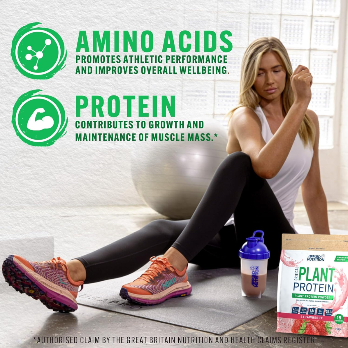 Woman sitting on a yoga mat with fitness products and text about amino acids and protein.