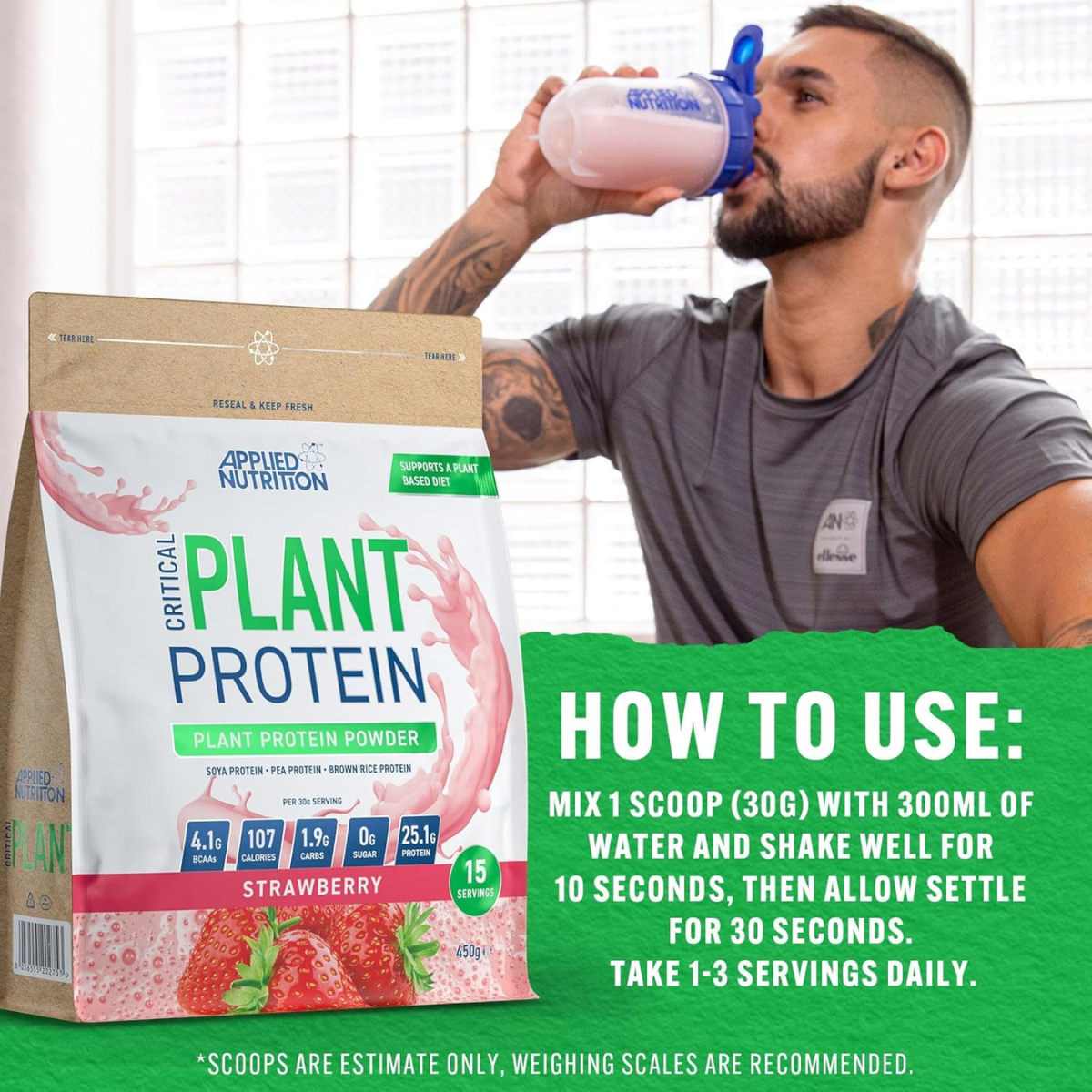Man drinking a protein shake next to Applied Nutrition plant protein powder packaging.