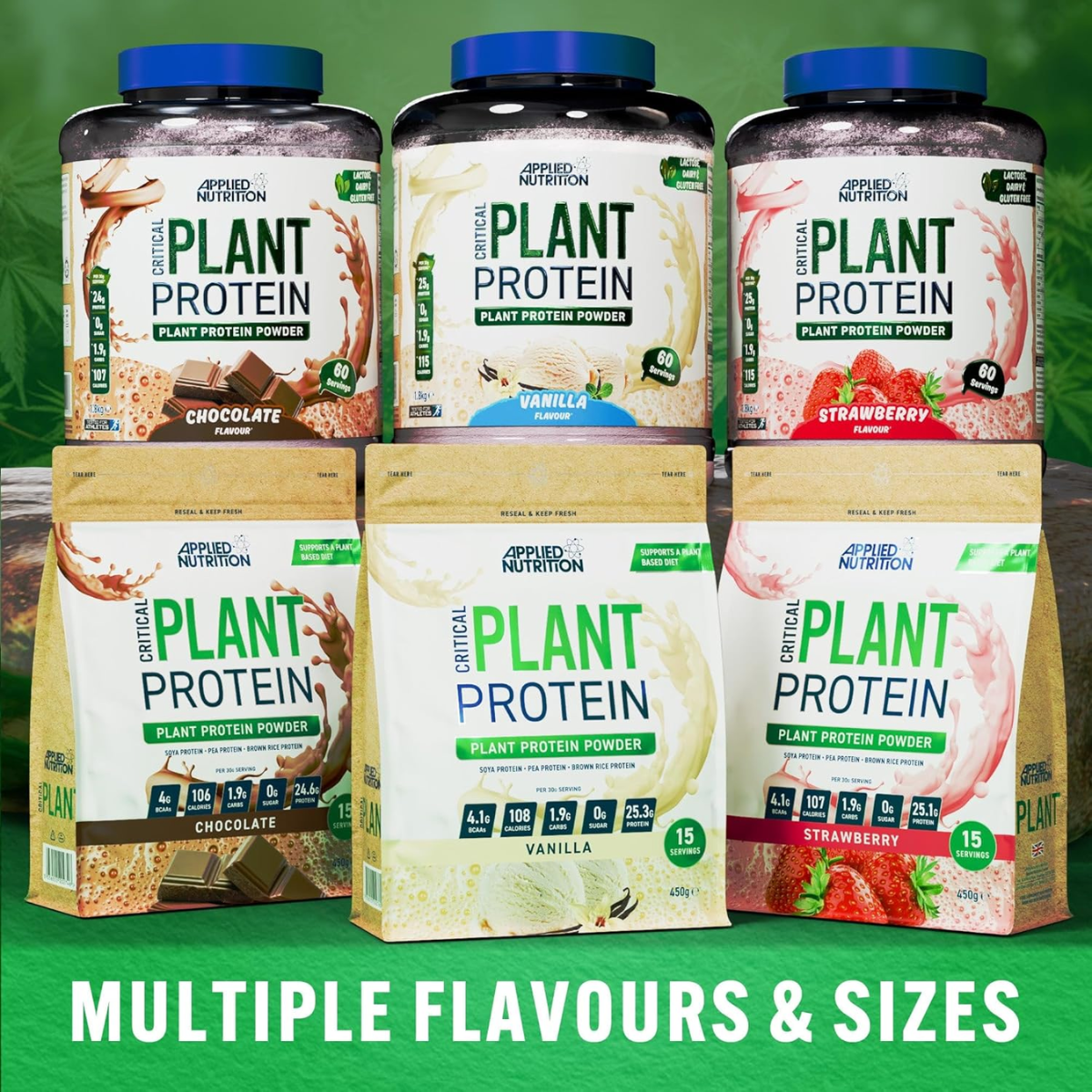 Assorted plant protein powder containers with different flavors and sizes on a green background.