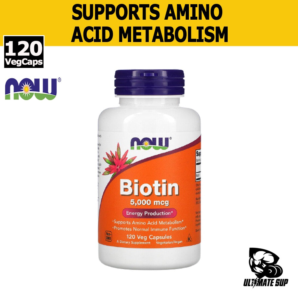 Now Foods Biotin, 5000mcg /10000mcg, Extra Strength, Support Amino Acid Metabolism, Dietary Supplement, Vegan, 120 Capsules - Ultimate Sup Singapore