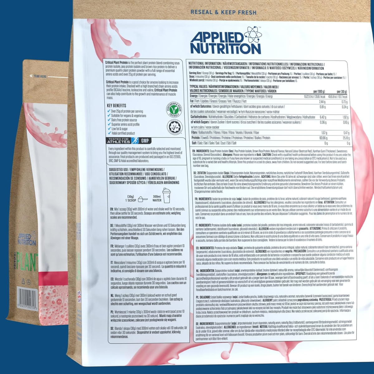 Applied Nutrition package with nutritional information on a blue background