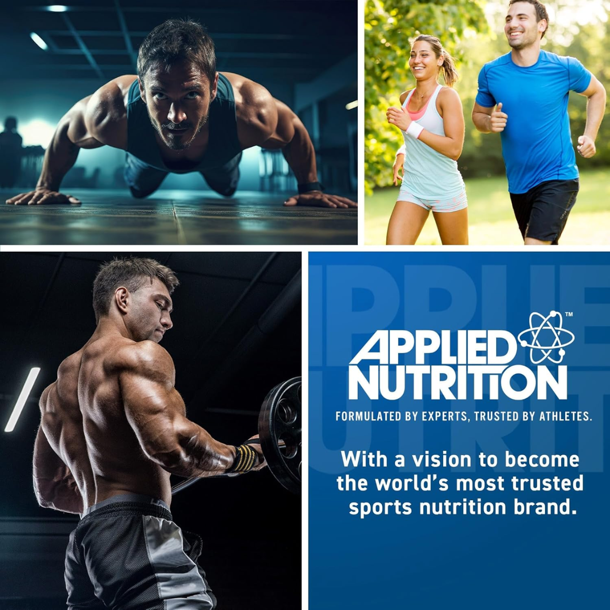 Collage of fitness images with Applied Nutrition branding.