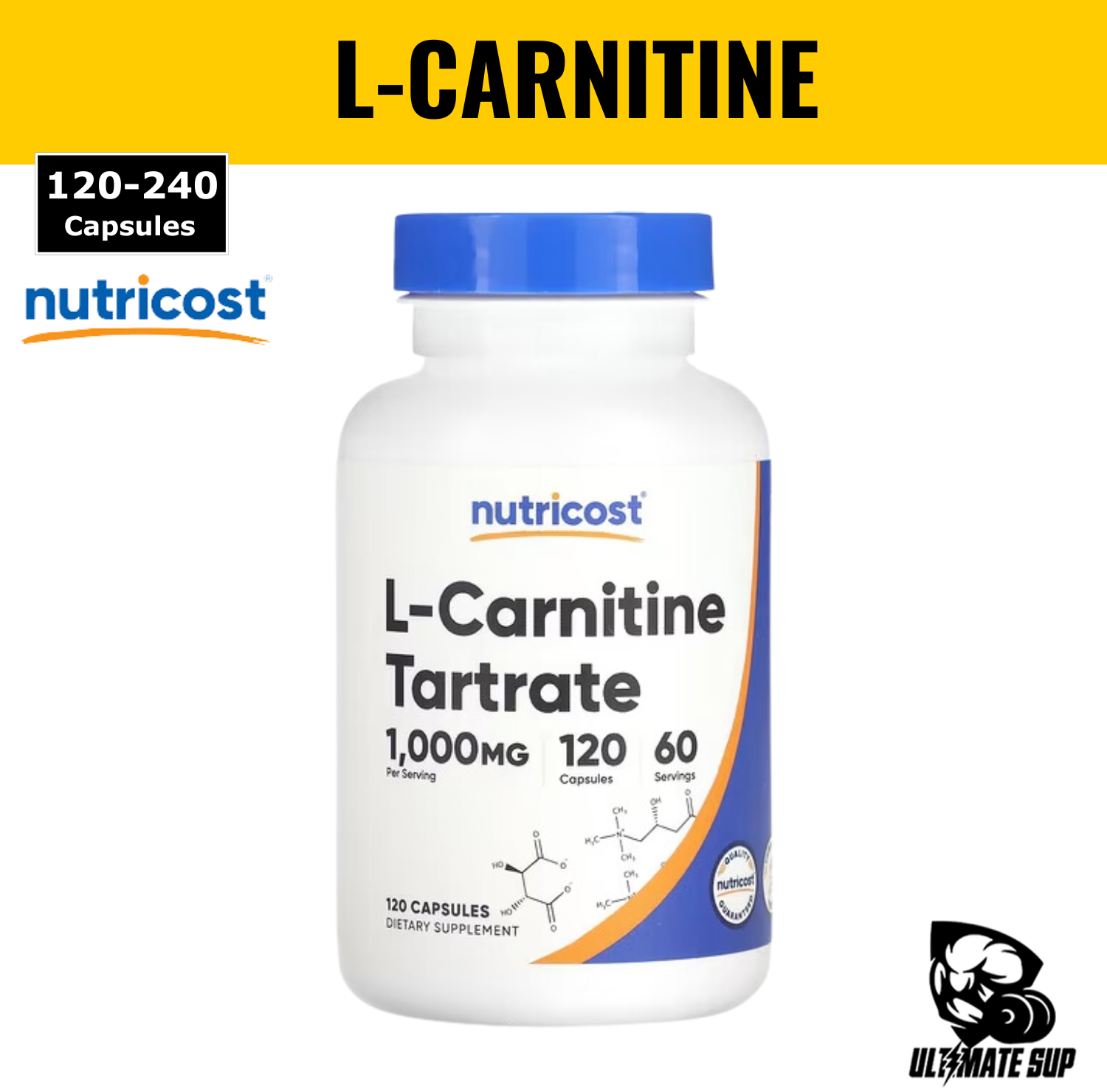 Nutricost, L-Carnitine Tartrate, Fat Burner, Boost Energy & Recovery, 1,000 mg, 120 -240 Caps (500 mg per Capsule) - Ultimate Sup Singapore