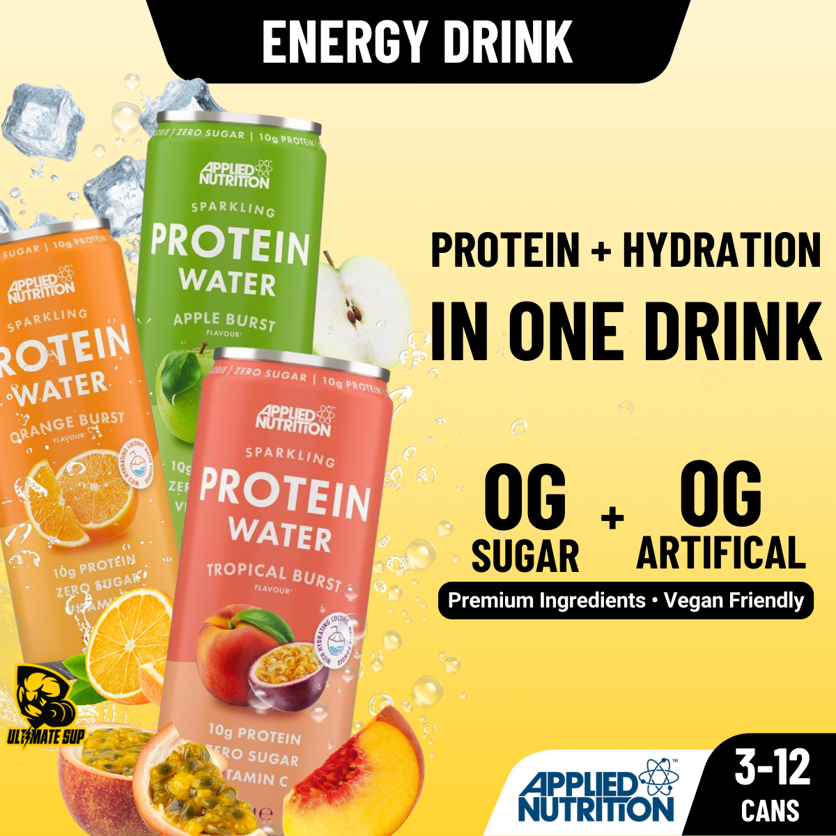 Three cans of Applied Nutrition protein water with fruit illustrations on a yellow background