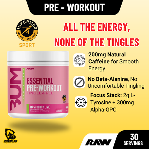 RAW Nutrition Essential Tingle-Free Pre-Workout Powder 200mg Caffeine, No Beta-Alanine, Energy Focus Pump 30 servings
