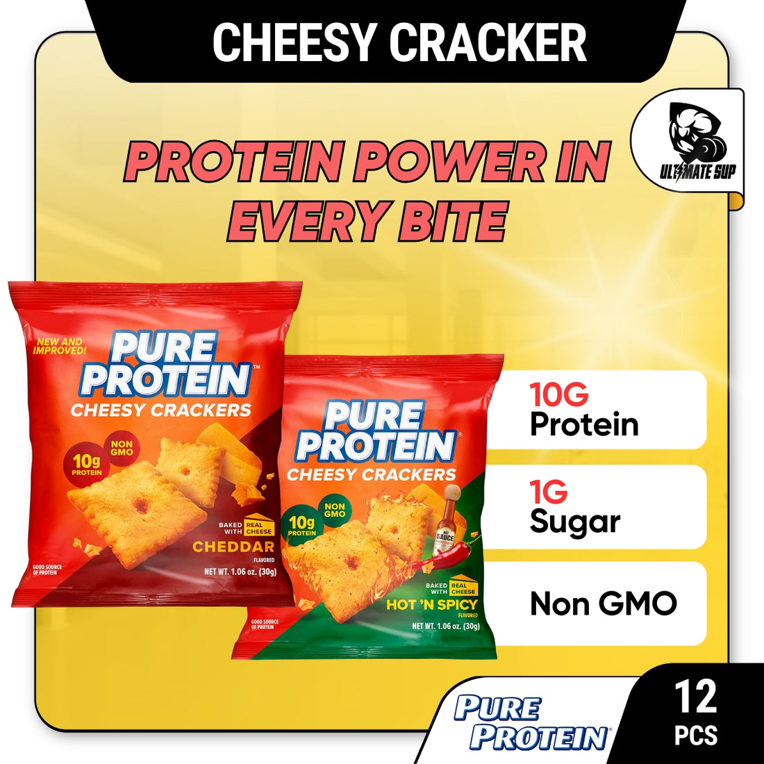 Pure Protein Cheddar Cheesy Crackers, 10g Protein, Low Sugar, Real Cheese, No Trans Fat, Non-GMO, 12 Bags - Ultimate Sup Singapore