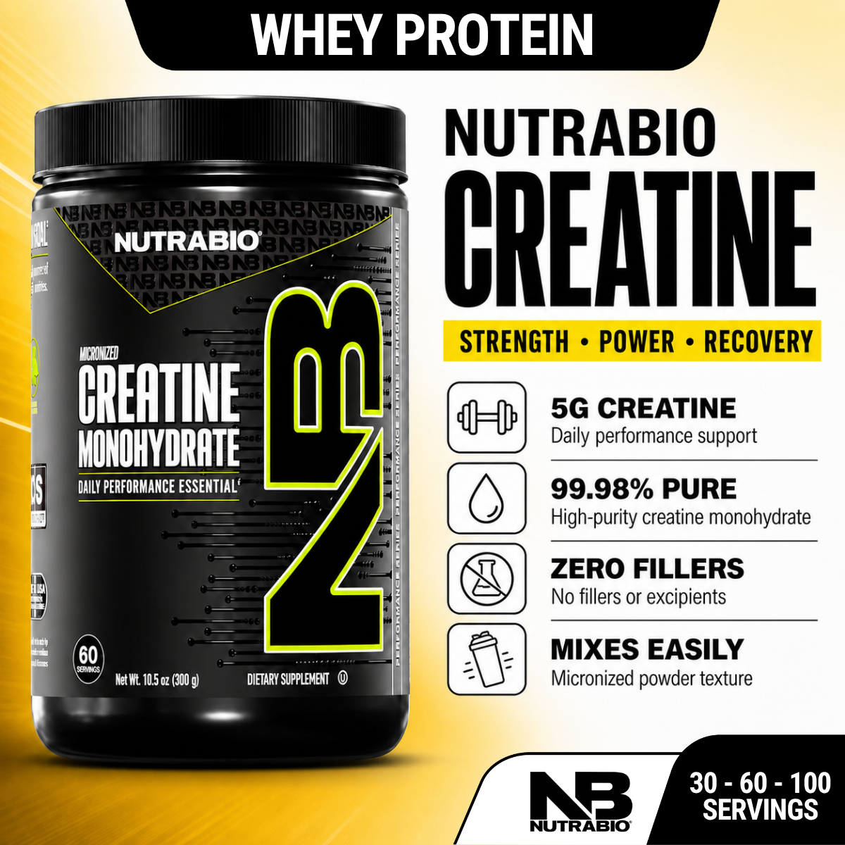 NutraBio, Monohydrate Creatine Powder, Micronized for Fast Absorption and Maxizimes Muscle, 150-500g