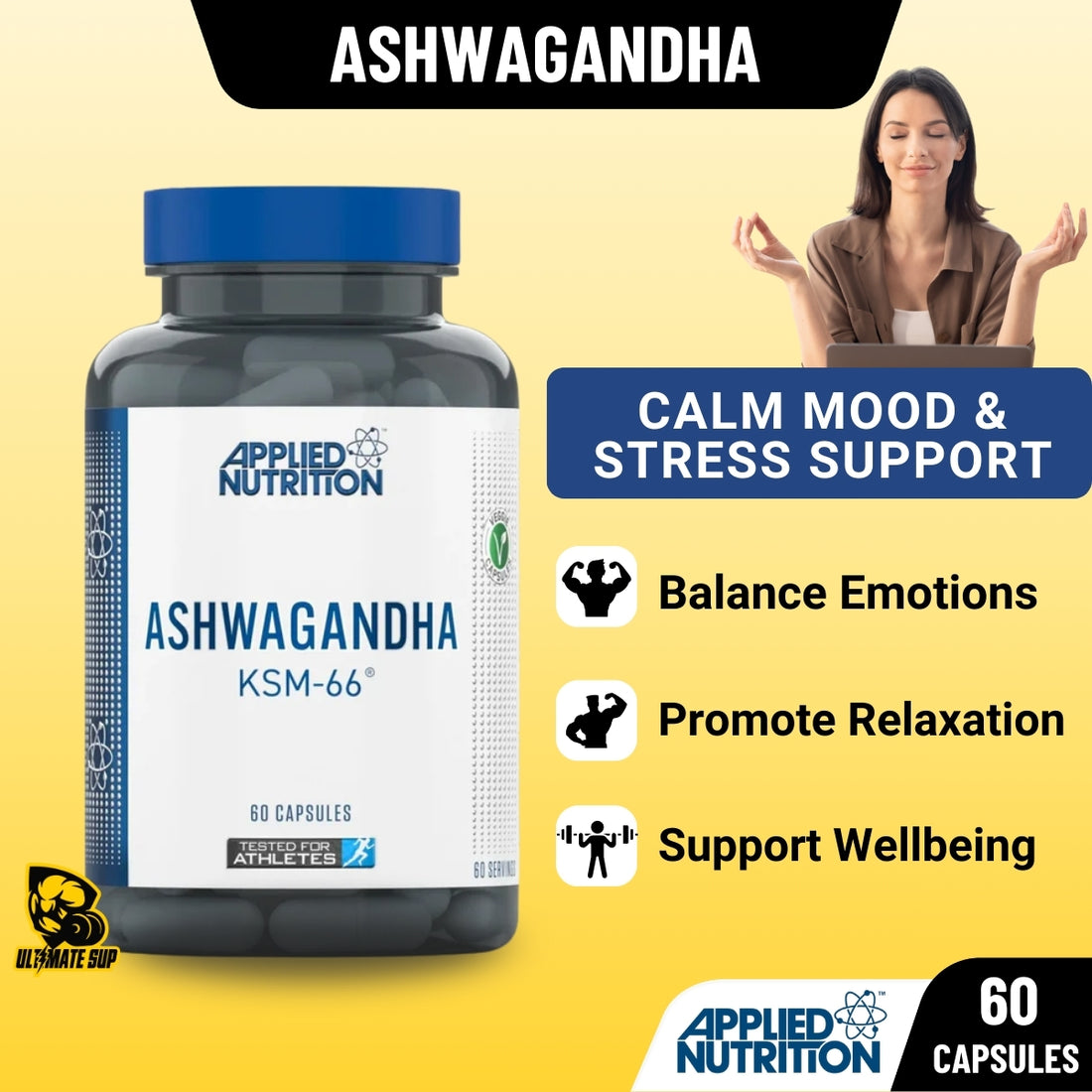 Applied Nutrition, Ashwagandha KSM-66, Mood & Wellbeing Support, 60 Capsules