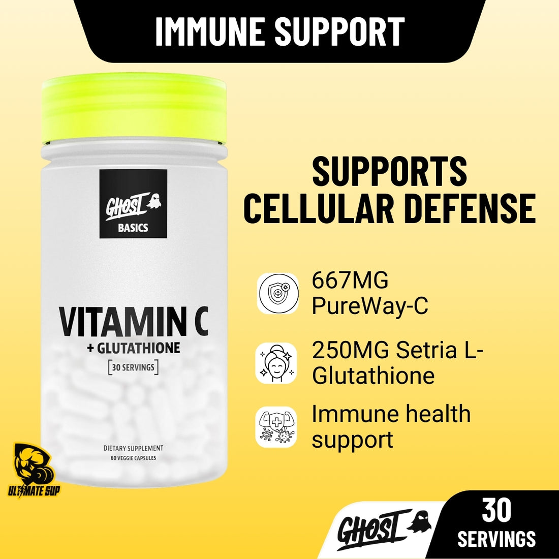 Ghost Basics Vitamin C + Glutathione supplement container on a dark background with brand name.