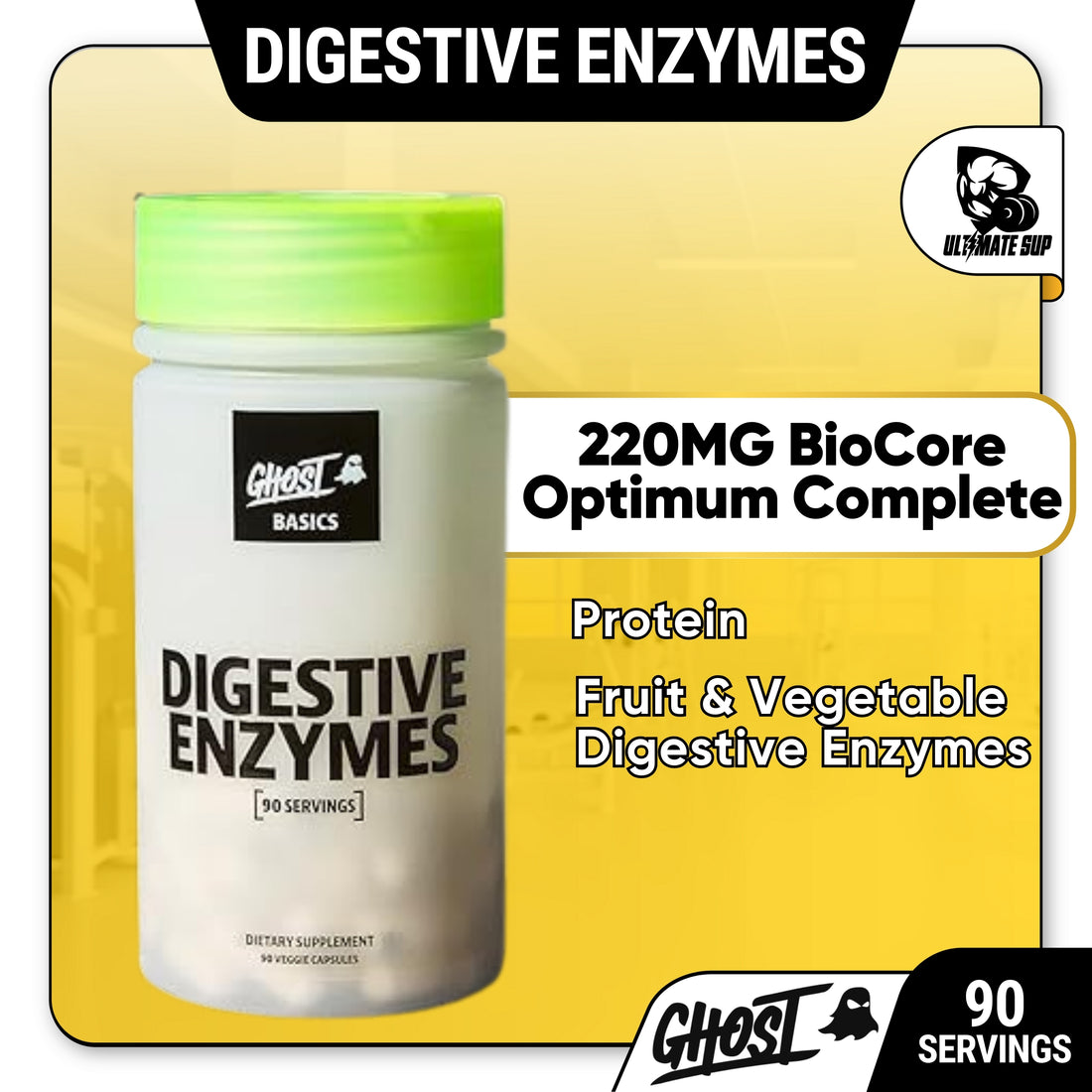Ghost Basics Digestive Enzymes supplement bottle with packaging on a yellow background