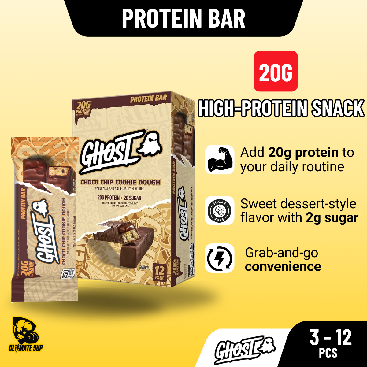 GHOST Dual Protein Bar 20g Protein & 2g Sugar for Muscle Recovery Various Flavor 3-12pc