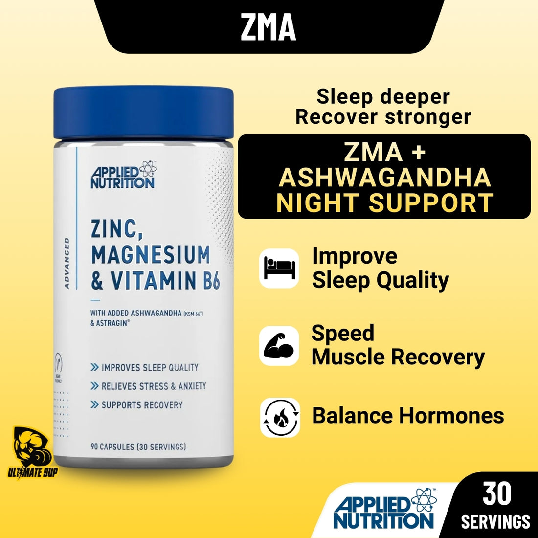 Applied Nutrition ZMA supplement bottle with text on a yellow background