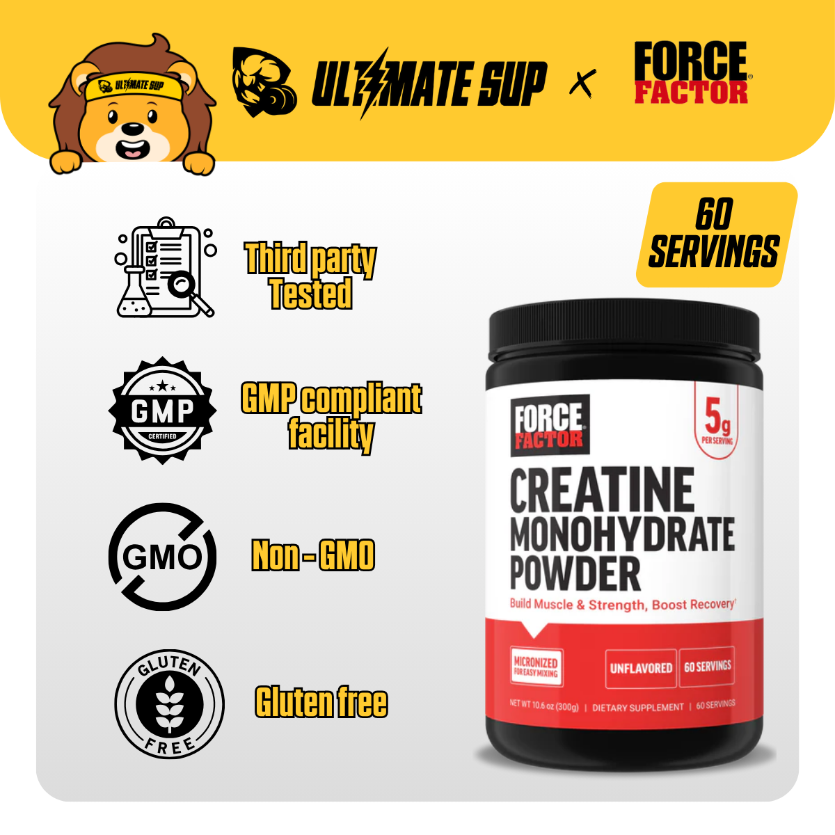 Force Factor Creatine Monohydrate Micronized Powder, Support Cognitive Health, Memory, Muscle Growth Unflavored 60 ser - Ultimate Sup Singapore