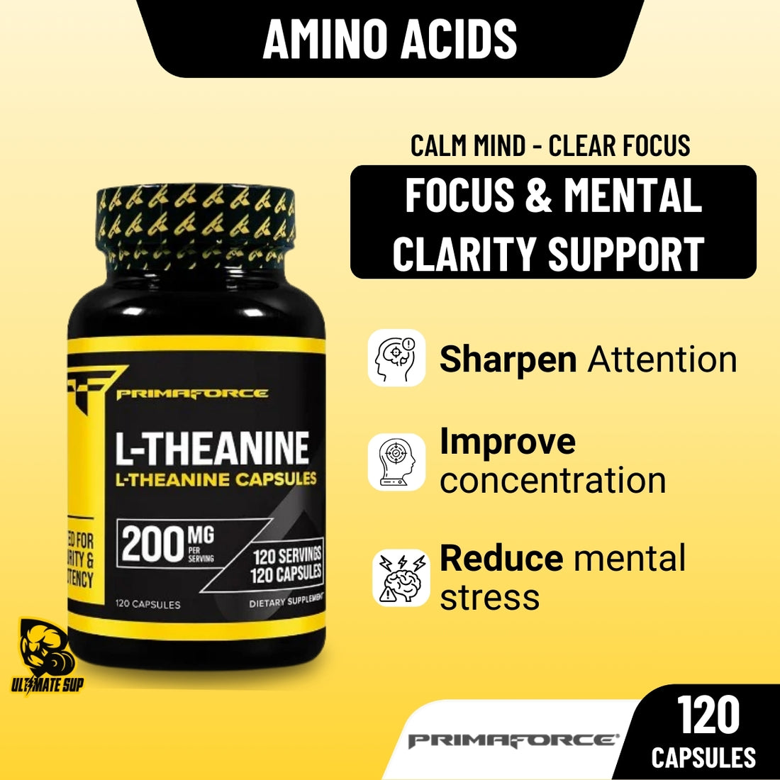 Primaforce L-Theanine supplement bottle with benefits on a yellow background
