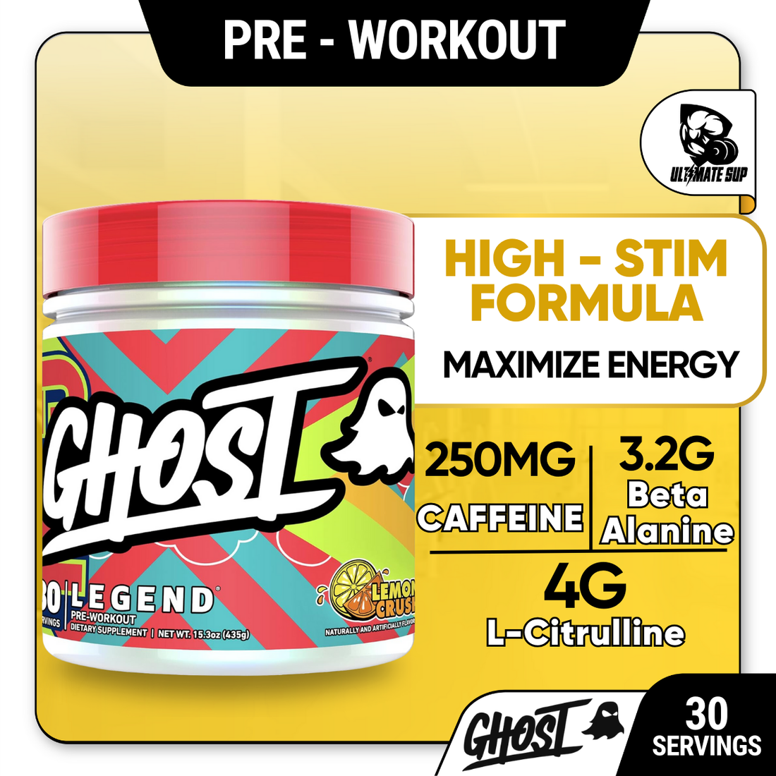 GHOST Legend All Out V3 Pre-Workout Powder, High-Stim, Energy Boost, Sugar-Free, Various Flavors, 30 Servings - Ultimate Sup Singapore