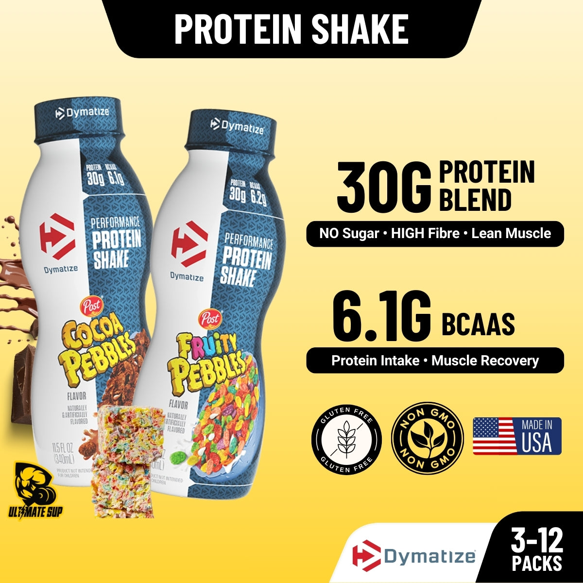 Two bottles of Dymatize Protein Shake with flavor options on a yellow background