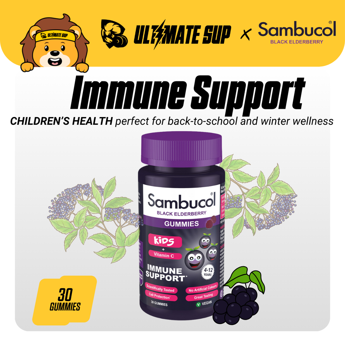 Sambucol Kids Gummies, Immune Support with Black Elderberry & Vitamin C, Kids 4-12, 30 Gummies - Ultimate Sup Singapore