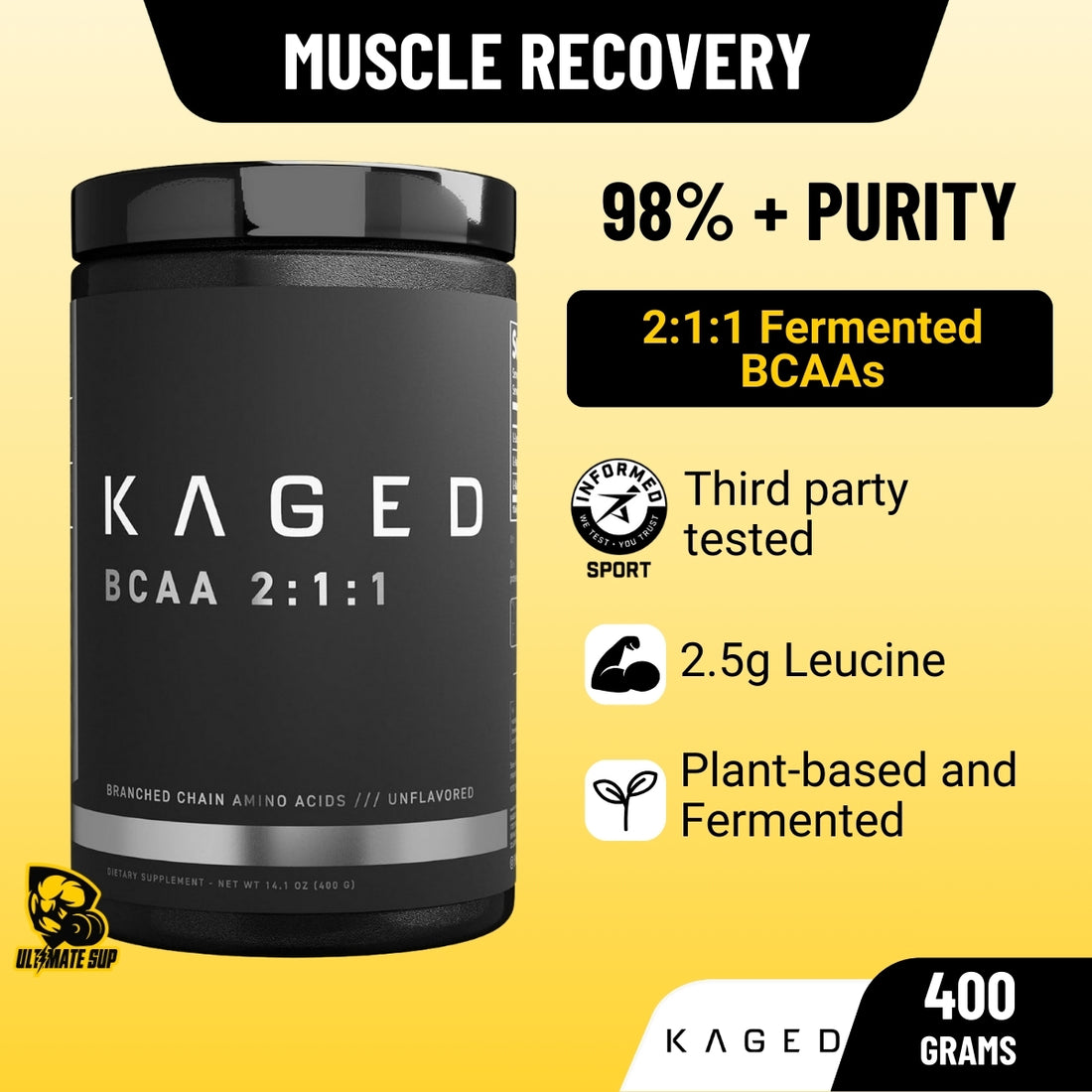 Kaged BCAA supplement container with product details on a yellow background