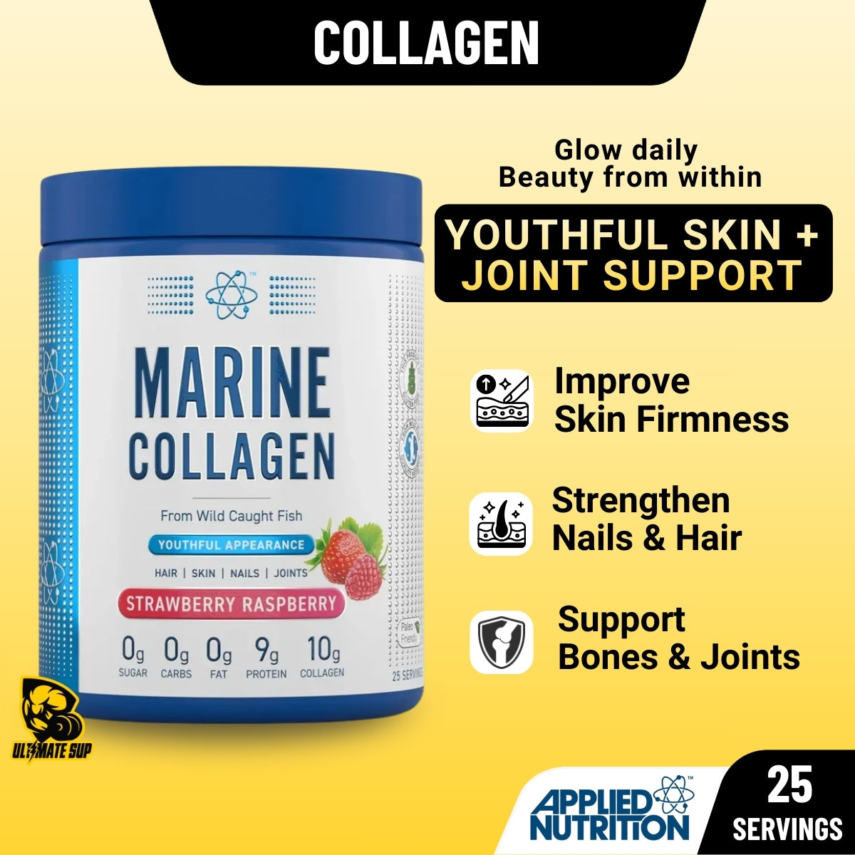 Marine collagen supplement container with benefits on a yellow background