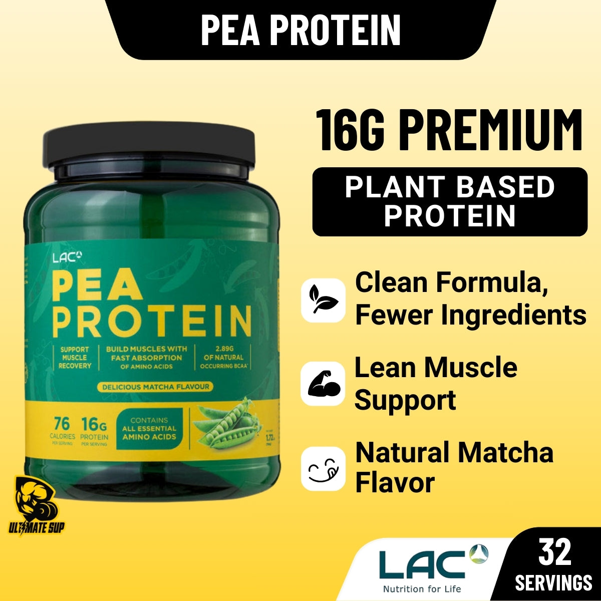 LAC Pea Protein supplement container with product details on a yellow background