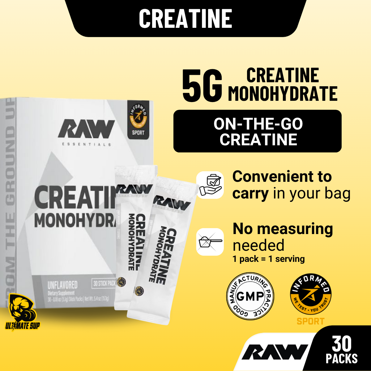 Raw Nutrition, Essentials, Creatine Monohydrate, Unflavored, 30 Stick Packs, 0.18 oz (5.1g) Each - Ultimate Sup Singapore