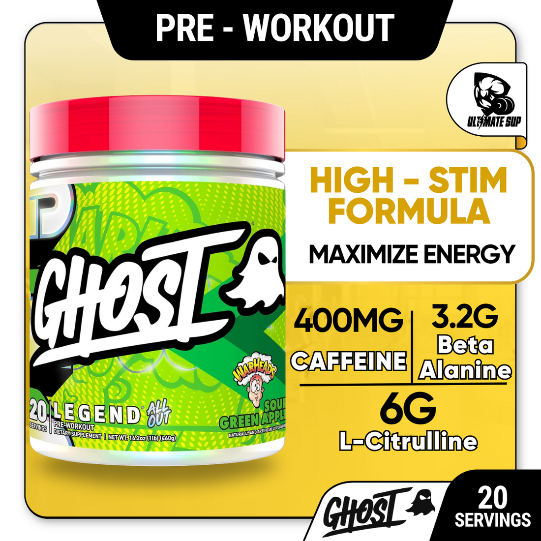 GHOST Legend All Out Pre-Workout Powder, High-Stim, Energy Boost, Sugar-Free, Various Flavors, 20 Servings - Ultimate Sup Singapore