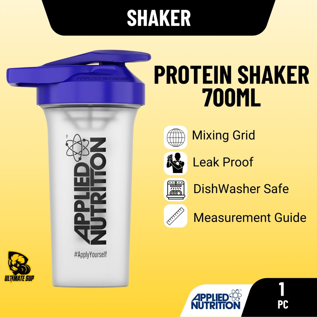 Protein shaker with blue lid on a yellow background, featuring Applied Nutrition branding.
