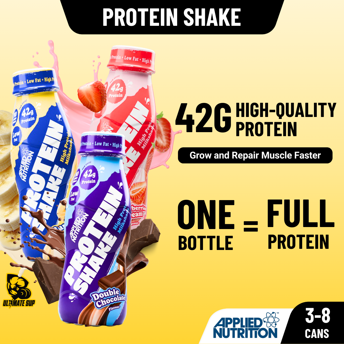 Protein shake bottles with colorful packaging on a yellow background, featuring Applied Nutrition branding.