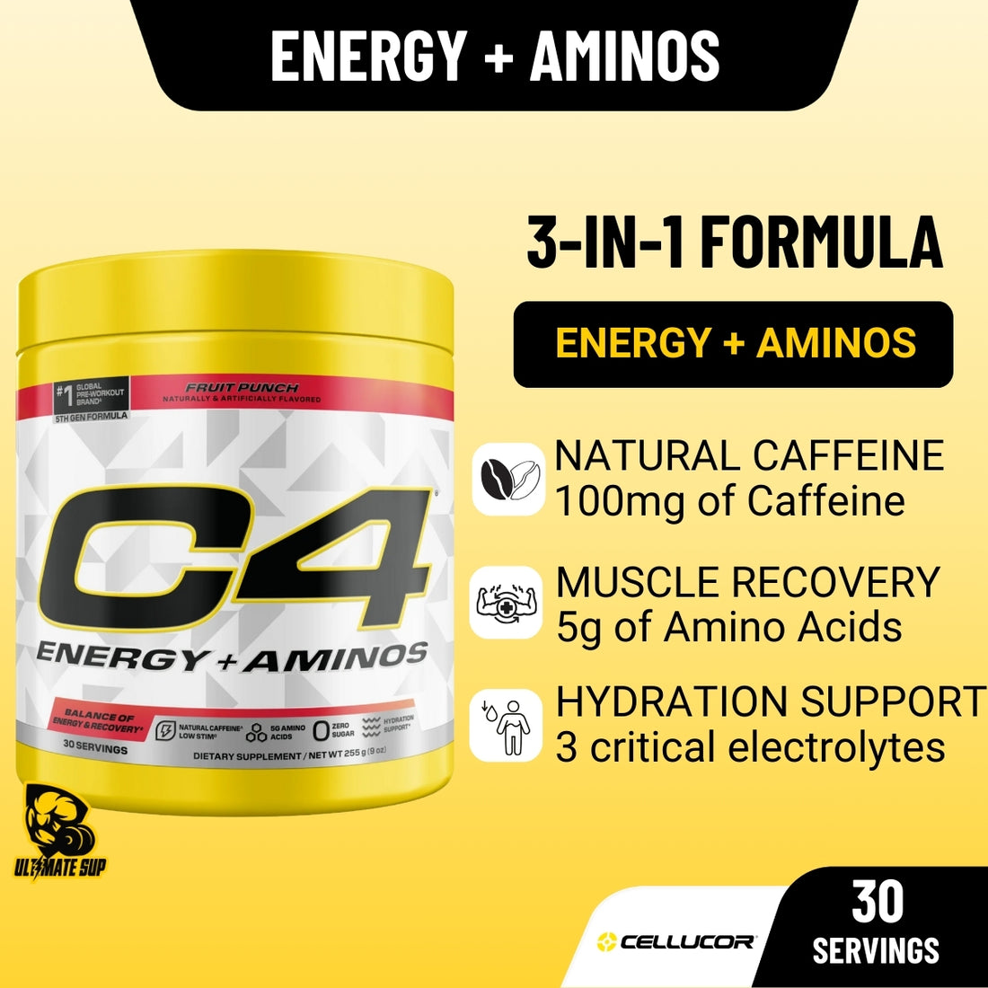C4 Energy + Aminos supplement container with product details on a yellow background