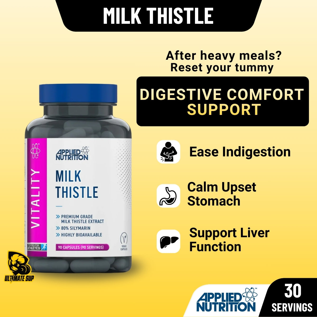 Milk thistle supplement bottle with product details on a yellow background