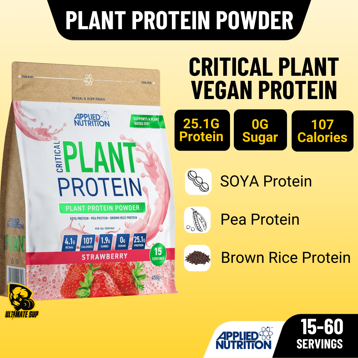 Critical Plant Vegan Protein package with nutritional information on a yellow background