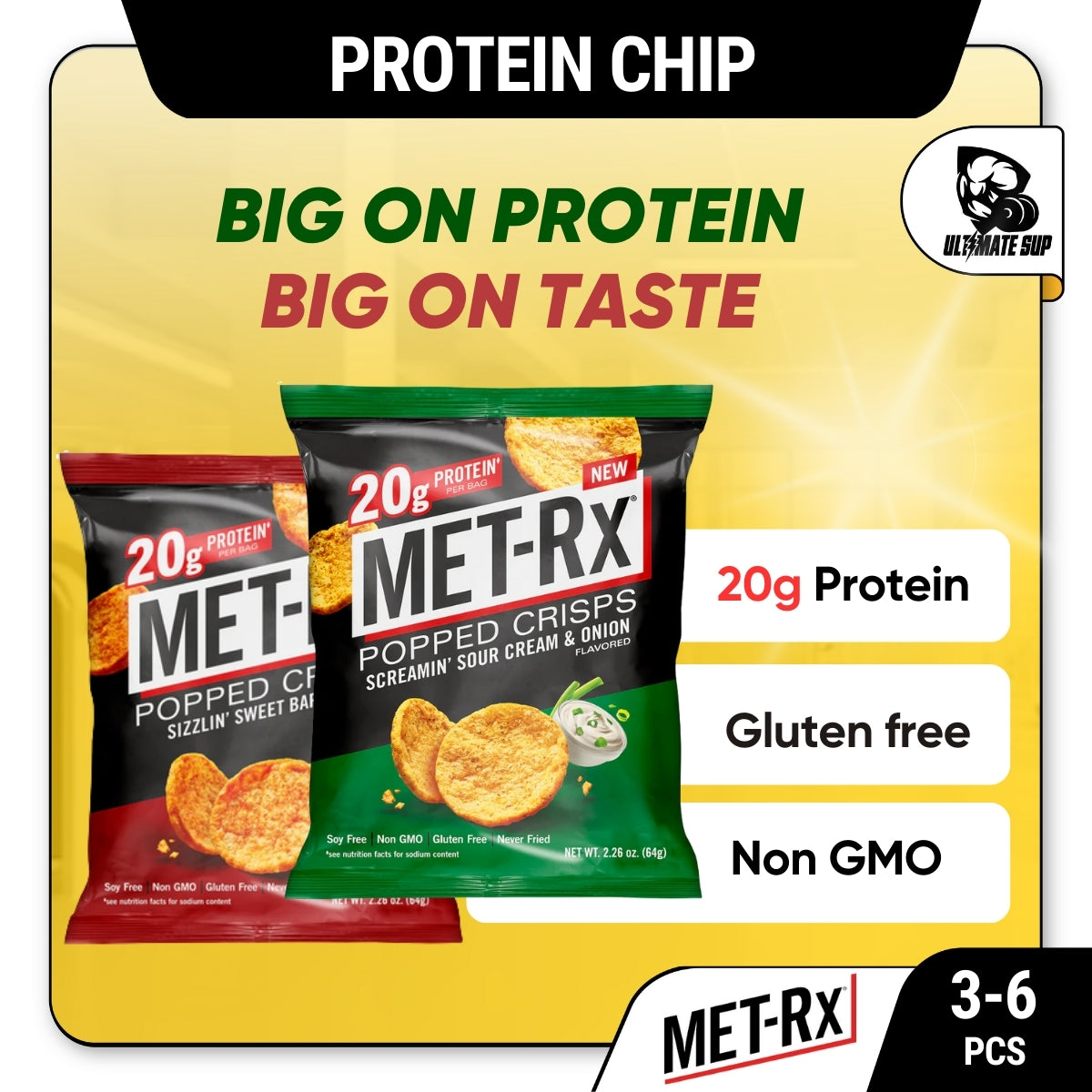 Met-Rx Popped Protein Crisps, Protein Chip, 20g protein, Non GMO, Gluten Free 6pcs - Ultimate Sup Singapore