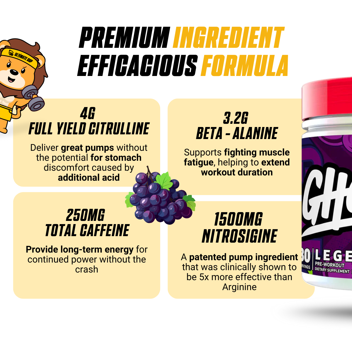 GHOST Legend All Out V3 Pre-Workout Powder, High-Stim, Energy Boost, Sugar-Free, Various Flavors, 30 Servings, key features