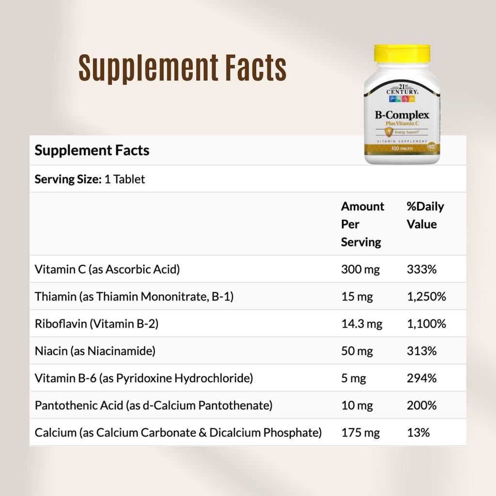 21st Century, B Complex Plus Vitamin C, Energy Support, Vitamin Supplement, 100 Tablets - Ultimate Sup Singapore