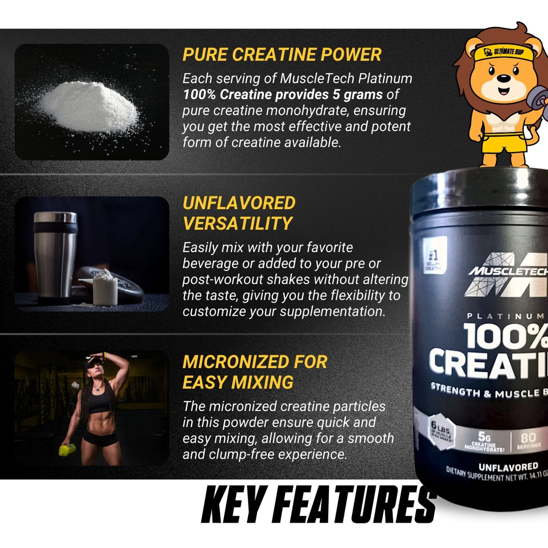 Muscletech, Essential Series, Platinum 100% Creatine, 400g, Unflavored - Ultimate Sup Singapore